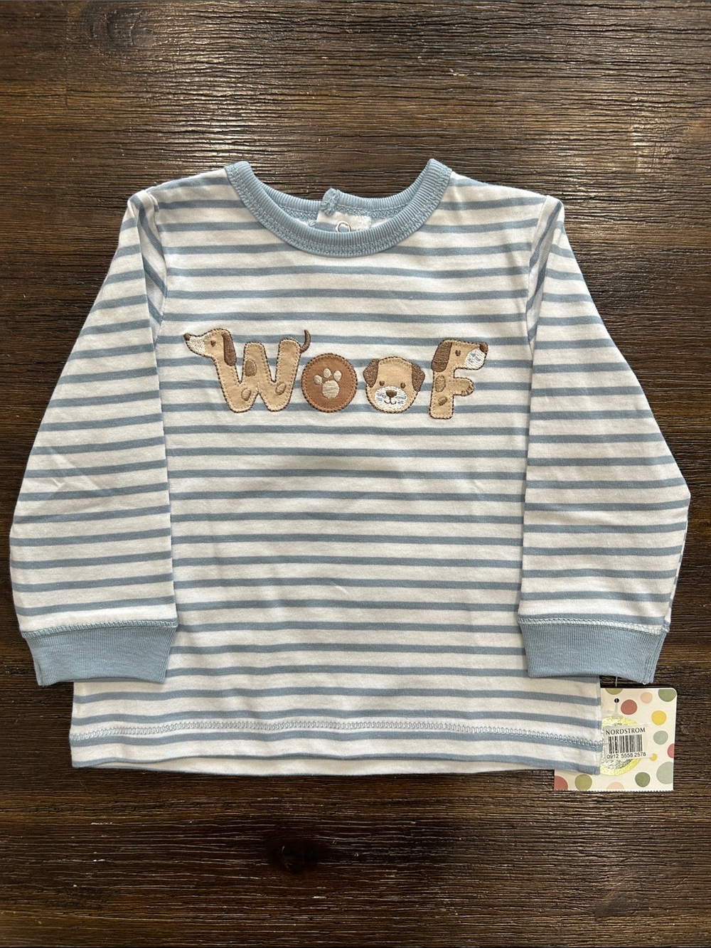NWT Infant Light Blue & White Striped 'Woof' Long-Sleeve Tee - Size 12M